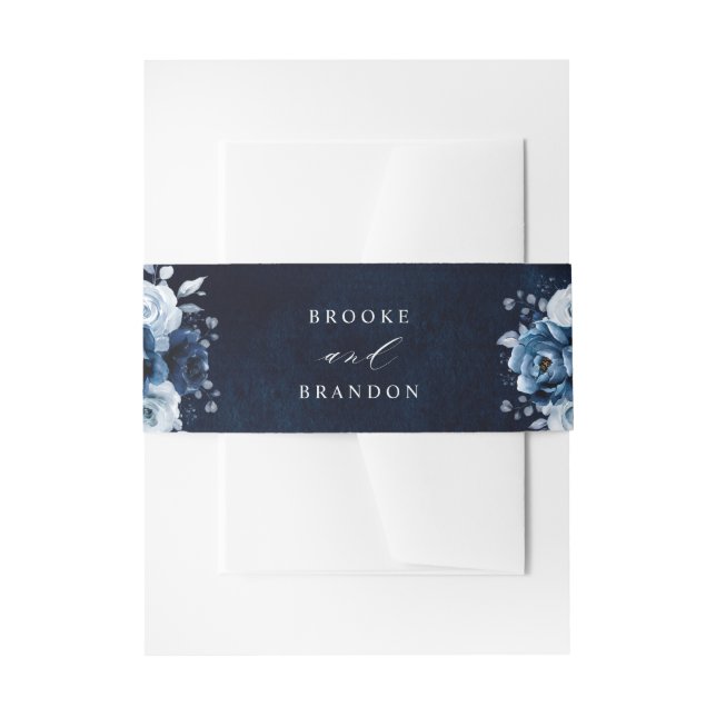 Dusty Blue Slate Navy Floral Botanical Wedding Inv Invitation Belly Band (Front Example)