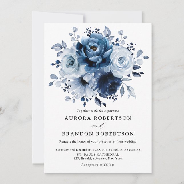 Dusty Blue Slate Navy Floral Botanical Wedding Invitation (Front)