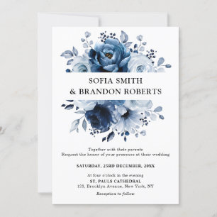 Dusty Blue Slate Navy Floral Botanical Wedding Invitation