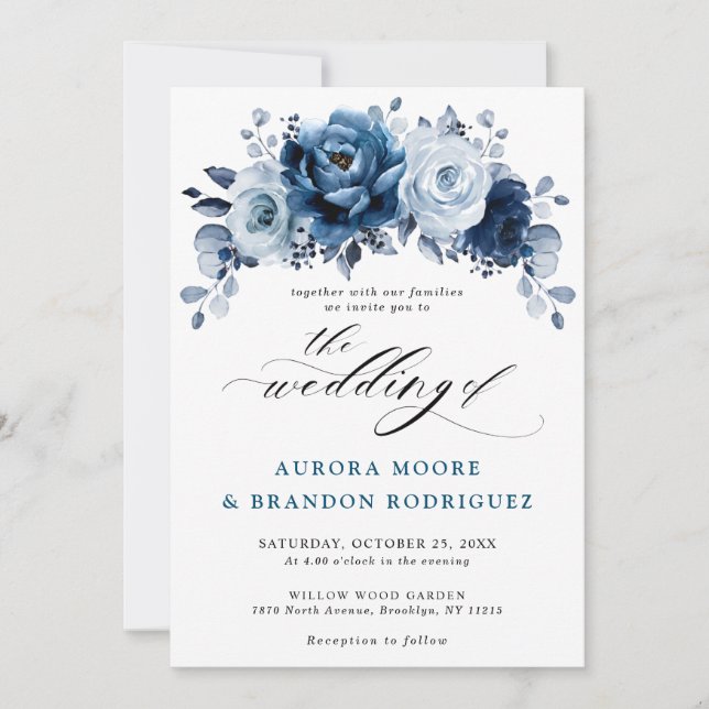 Dusty Blue Slate Navy Floral Botanical Wedding Invitation (Front)