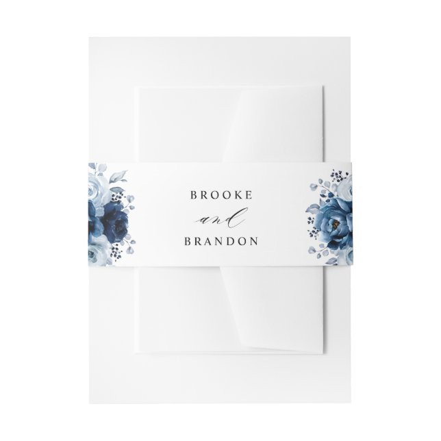 Dusty Blue Slate Navy Floral Botanical Wedding Invitation Belly Band (Front Example)