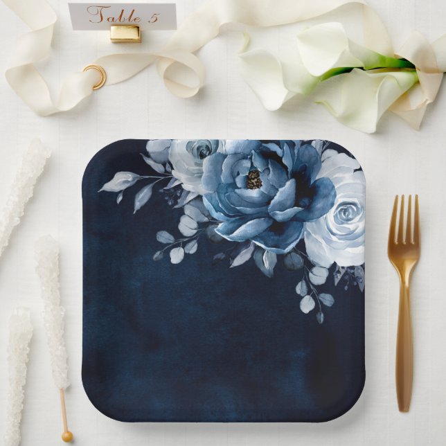 Dusty Blue Slate Navy Floral Botanical Wedding Pap Paper Plate (Wedding)