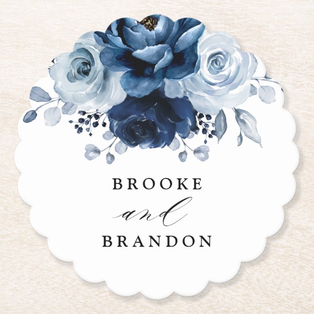 Dusty Blue Slate Navy Floral Botanical Wedding Paper Coaster (Front)