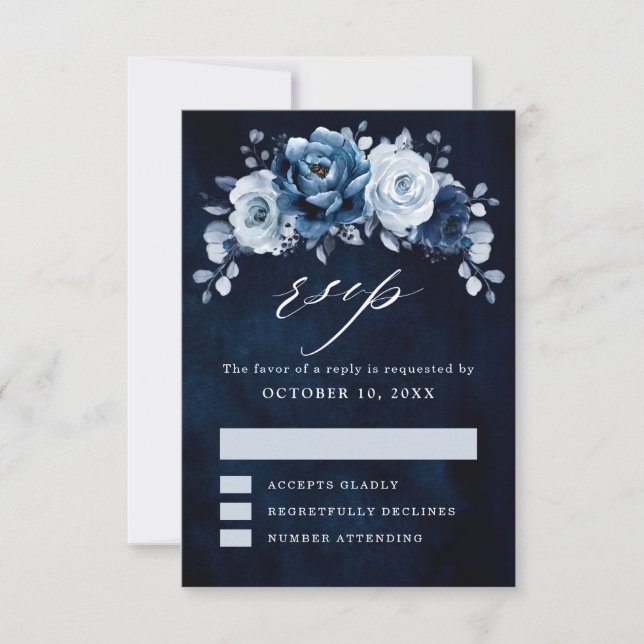 Dusty Blue Slate Navy Floral Botanical Wedding RSV RSVP Card (Front)