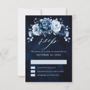 Dusty Blue Slate Navy Floral Botanical Wedding RSV RSVP Card