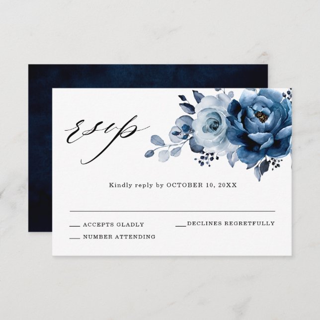 Dusty Blue Slate Navy Floral Botanical Wedding RSVP Card (Front/Back)