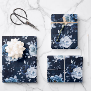 Dusty Blue Slate Navy Floral Botanical Wedding Wra Wrapping Paper Sheet