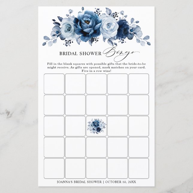 Dusty Blue Slate Navy Floral Bridal Shower Bingo (Front)