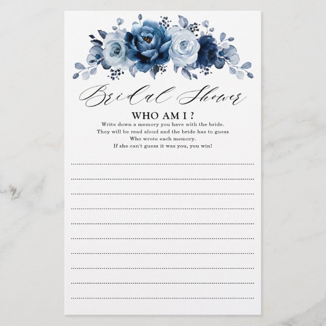 Dusty Blue Slate Navy Floral Bridal Shower Game (Front)