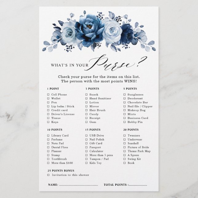 Dusty Blue Slate Navy Floral Bridal shower game (Front)