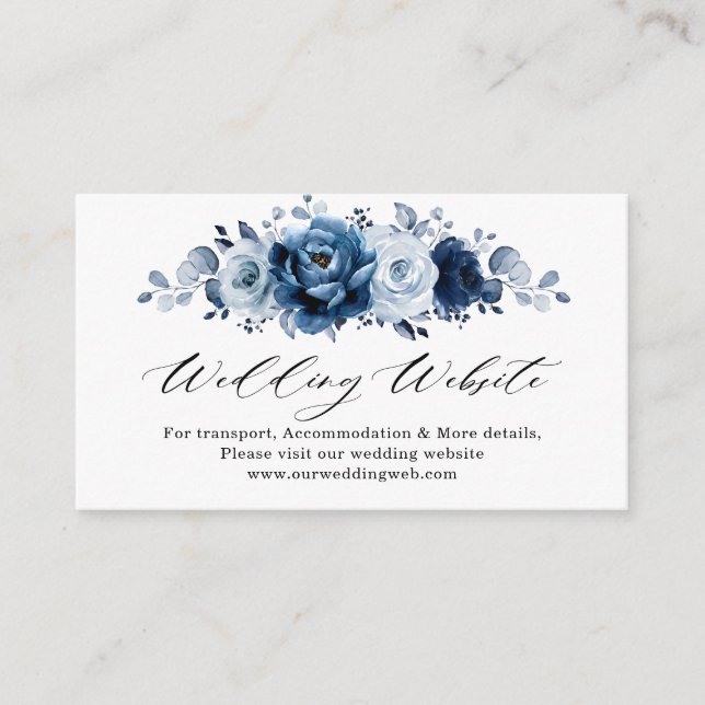 Dusty Blue Slate Navy Floral chic Wedding Website Enclosure Card (Front)