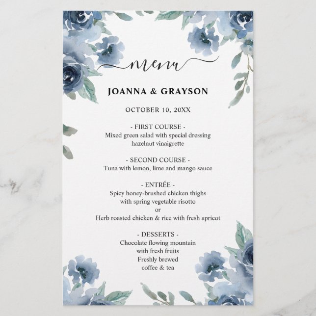 Dusty Blue Slate Navy Floral Wedding Menu (Front)