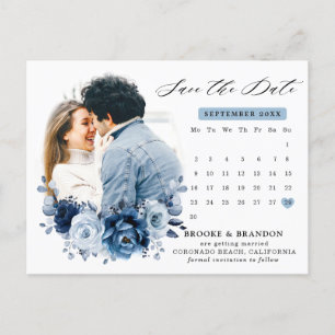 Dusty Blue Slate Navy Floral Wedding Save the Date Postcard