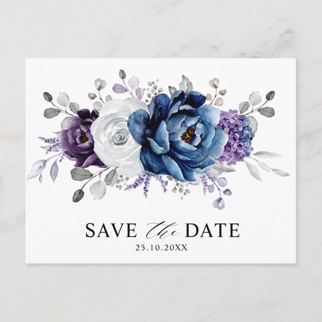 Dusty Blue Slate Navy Floral Wedding Save the Date Postcard (Front)