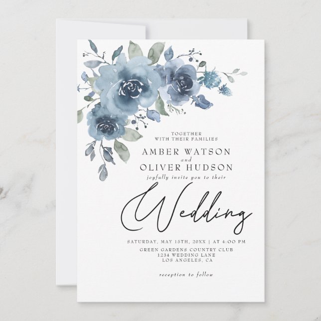 Dusty Blue Slate Pastel Light Floral Boho Wedding Invitation (Front)