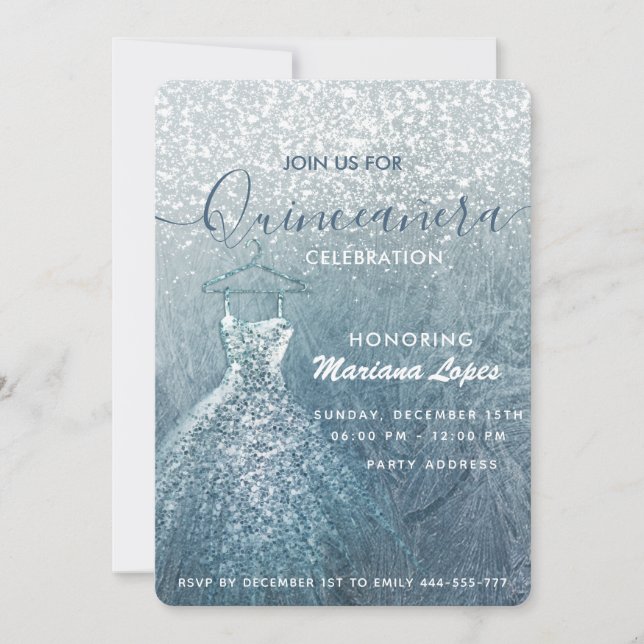 Dusty blue snow winter wonderland Quinceañera Invitation (Front)