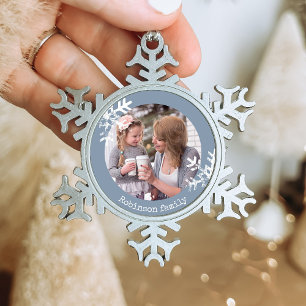 Dusty Blue Snowflake Custom Photo Monogram Pewter Christmas Ornament
