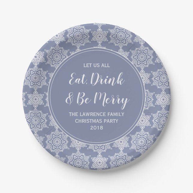 Dusty Blue Snowflake Eat Drink Christmas Party Paper Plate (Front)