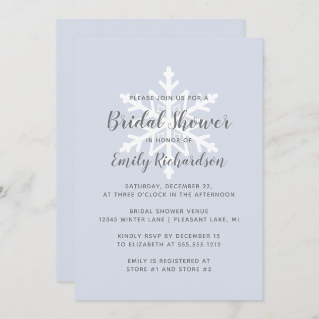 Dusty Blue Snowflake Winter Bridal Shower Invitation (Front/Back)