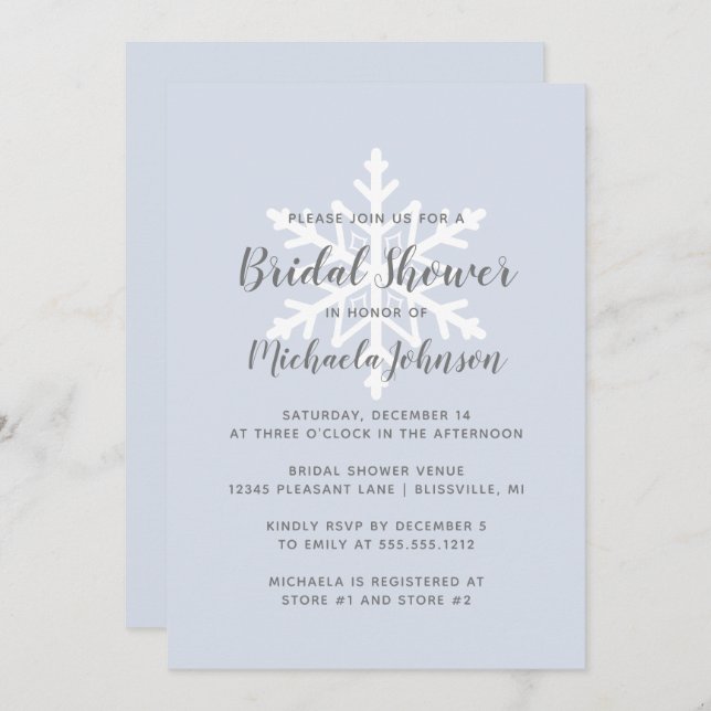 Dusty Blue Snowflake Winter Bridal Shower Invitation (Front/Back)