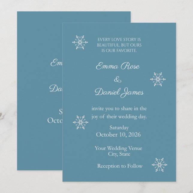 Dusty Blue Snowflake Winter Wedding Invitation (Front/Back)