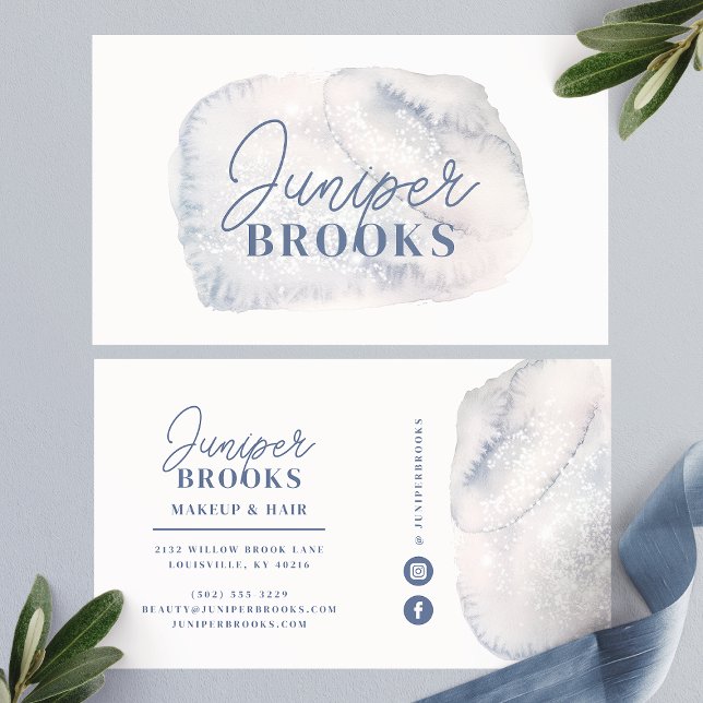 Dusty Blue Social Media Simple Glitter Watercolor Business Card (Creator Uploaded)