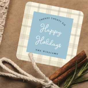 Dusty Blue Soft Beige Plaid Holiday Christmas Square Sticker