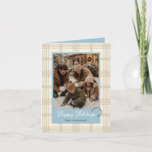 Dusty Blue Soft Beige Plaid Two Photos Christmas Holiday Card