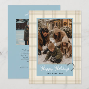 Dusty Blue Soft Beige Plaid Two Photos Christmas Holiday Card