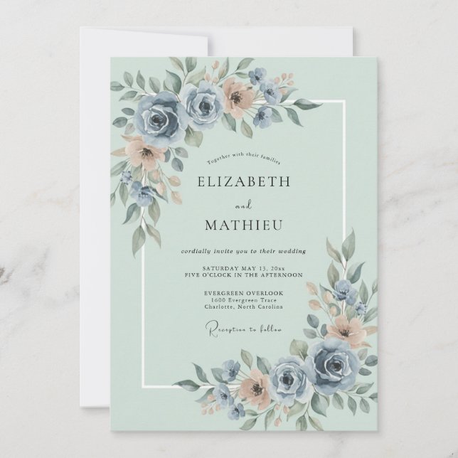 Dusty Blue Soft Bloom Wedding Invitation (Front)