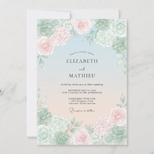 Dusty Blue Soft Blossom Romance Wedding Invitation