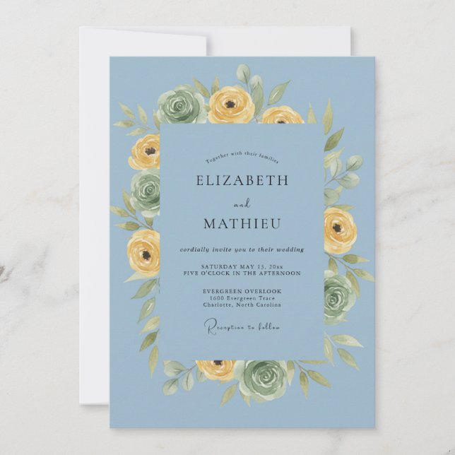 Dusty Blue Soft Floral Romance Wedding Invitation (Front)