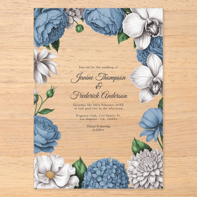 Dusty Blue & Soft Grey Modern Botanical Wedding Acrylic Invitations (Front)