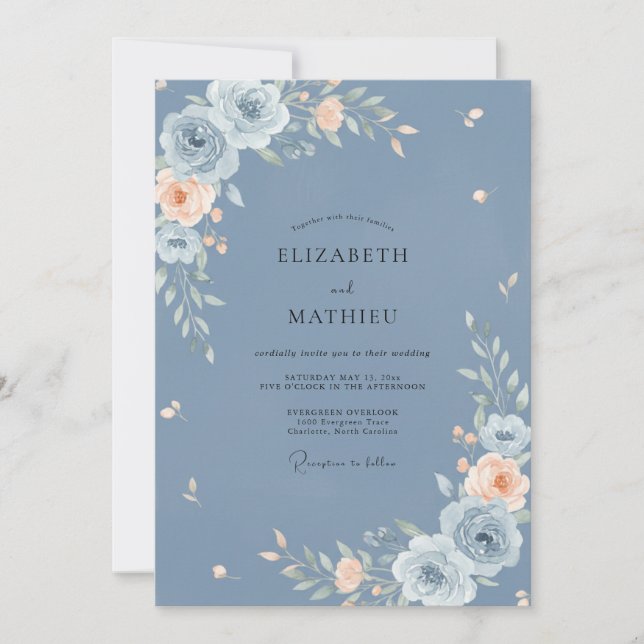Dusty Blue Sophisticated Floral Wedding Invitation (Front)