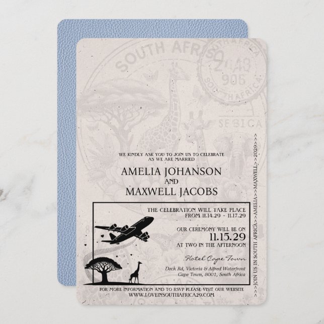 Dusty Blue South Africa Passport Wedding Invitation (Front/Back)