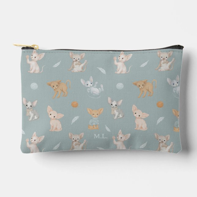 Dusty Blue Sphynx Cat Pattern Custom Monogram Kids Accessory Pouch (Front)