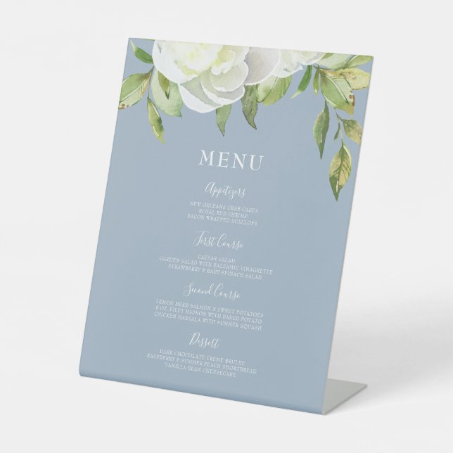 Dusty Blue Spring Floral Peony Wedding Menu Pedestal Sign (Front)