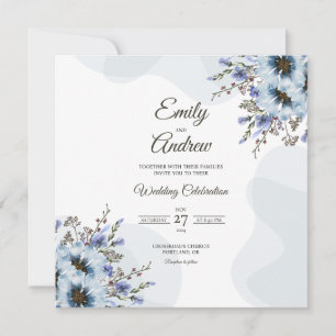 Dusty Blue Spring Floral Watercolor Square Wedding Invitation