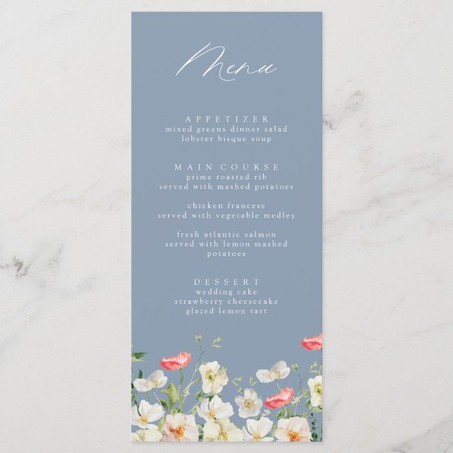 Dusty Blue Spring Peony Watercolor Wedding Menu (Front)