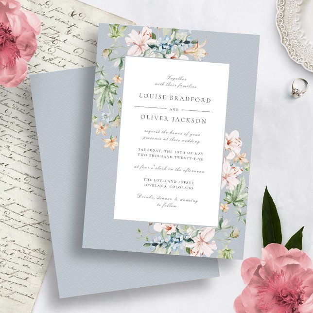 Dusty Blue Spring Watercolor Floral Dusty Wedding  Invitation (Creator Uploaded)