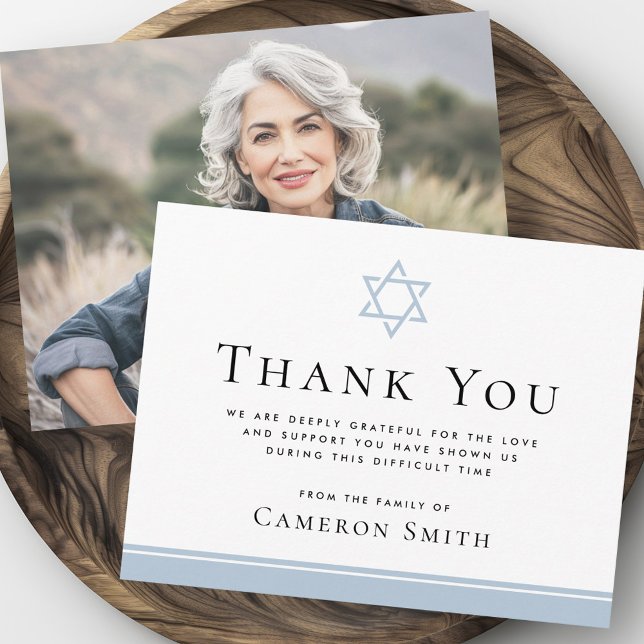 Dusty blue Star of David funeral sympathy photo Thank You Card (Dusty blue Star of David funeral sympathy photo Thank You Card)