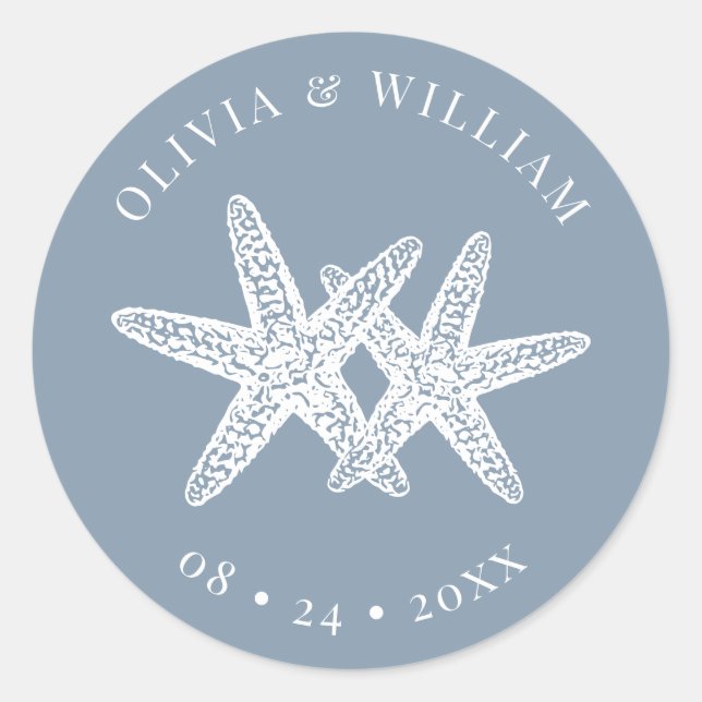 Dusty Blue Starfish Beach Coastal Wedding  Classic Round Sticker (Front)