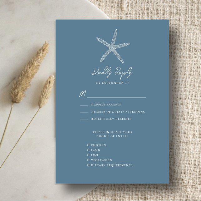 Dusty Blue Starfish Beach Destination Wedding RSVP Card (Creator Uploaded)