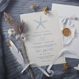 Dusty Blue Starfish Beach Elegant Modern Wedding Invitation