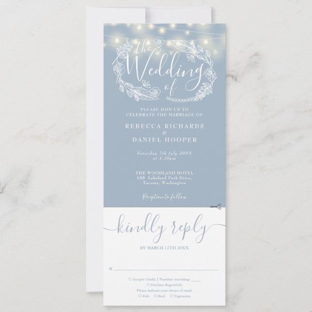 Dusty Blue String Lights All In One Wedding Invitation (Front)
