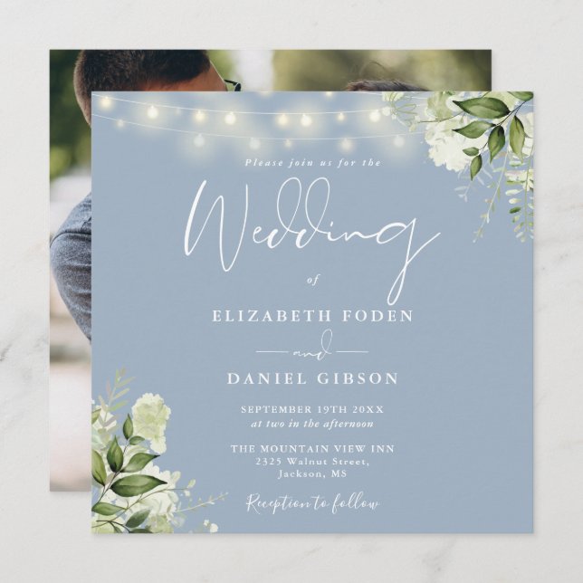 Dusty Blue String Lights Floral Photo Wedding Invitation (Front/Back)