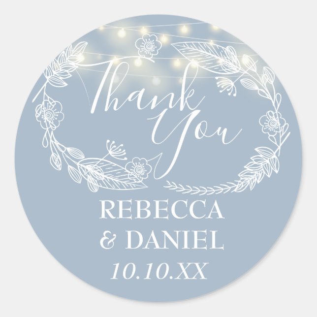 Dusty Blue String Lights Floral Thank You Classic Round Sticker (Front)