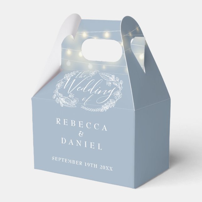 Dusty Blue String Lights Floral Wedding Favour Box (Front Side)