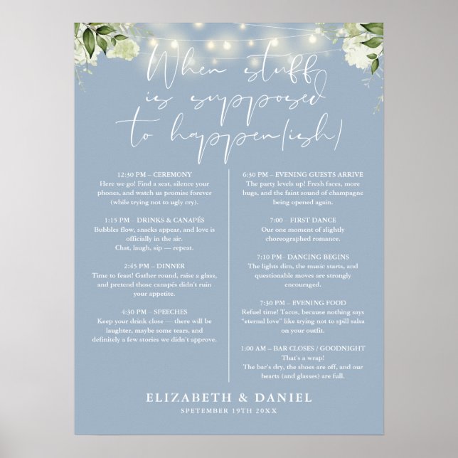 Dusty Blue String Lights Floral Wedding Itinerary Poster (Front)