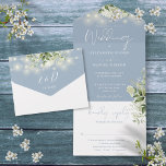 Dusty Blue String Lights Greenery Monogram Wedding All In One Invitation<br><div class="desc">All in one dusty blue wedding invitation featuring pretty string lights,  floral greenery and elegant typography. The invitation includes a perforated RSVP card that can be individually addressed or left blank for you to handwrite your guest's address details. Designed by Thisisnotme©</div>